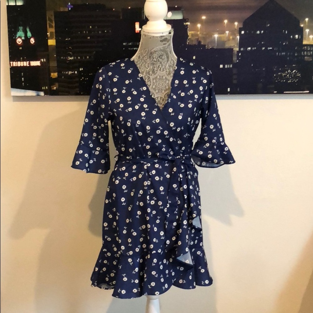 Navy Floral Printed Wrap Dress